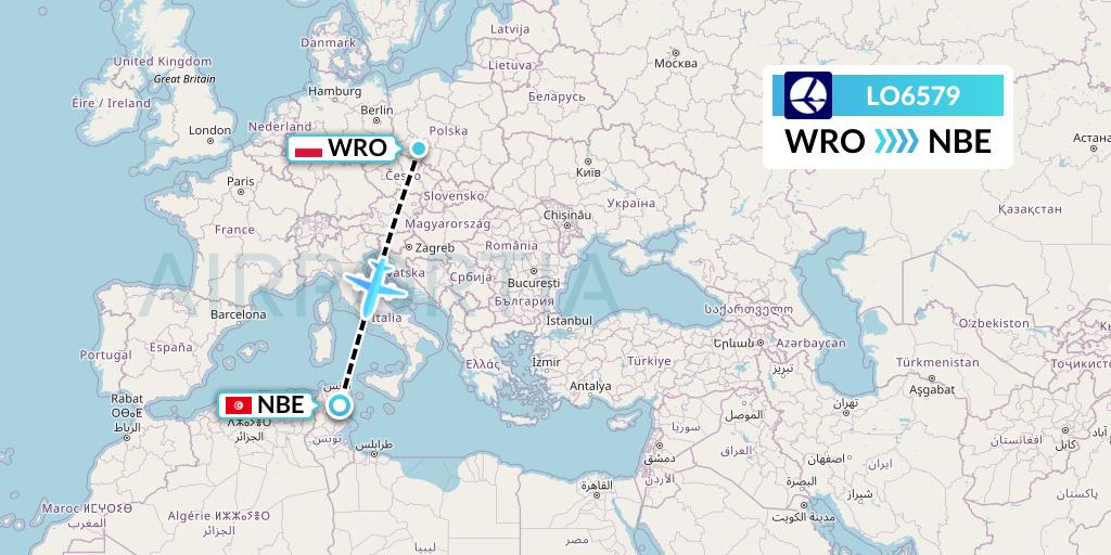 LO6579 LOT Flight Map: Wroclaw to Enfidha