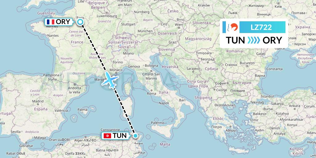 LZ722 Air Link Flight Map: Tunis to Paris