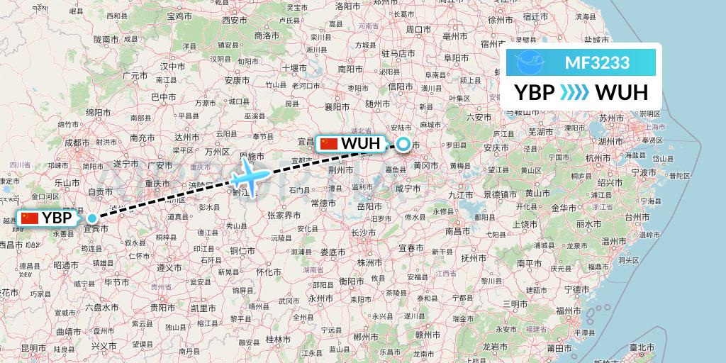 MF3233 Xiamen Airlines Flight Map: Yibin to Wuhan