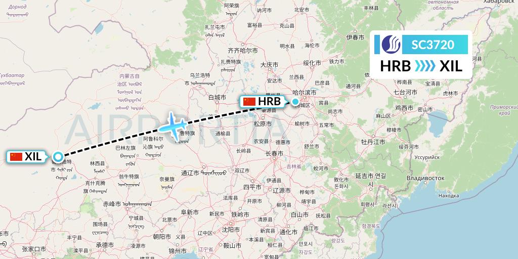 SC3720 Shandong Airlines Flight Map: Harbin to Xilinhot