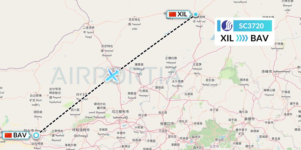 SC3720 Shandong Airlines Flight Map: Xilinhot to Baotou