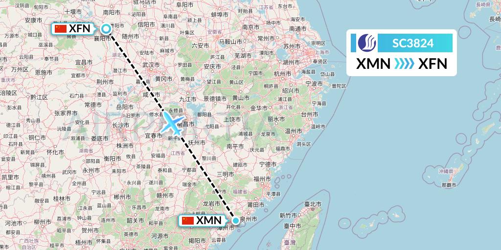 SC3824 Shandong Airlines Flight Map: Xiamen to Xiangyang