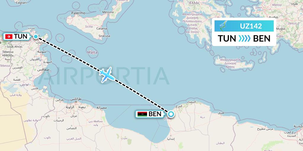 UZ142 Buraq Air Flight Map: Tunis to Benghazi
