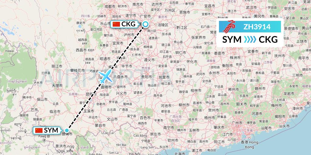 ZH3914 Shenzhen Airlines Flight Map: Pu'er to Chongqing
