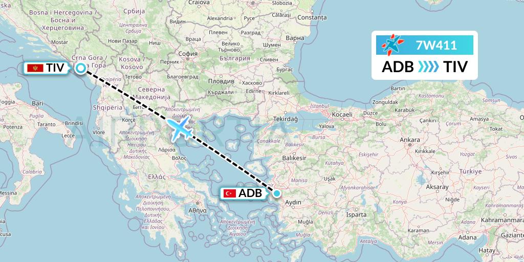 7W411 Windrose Airlines Flight Map: Izmir to Tivat