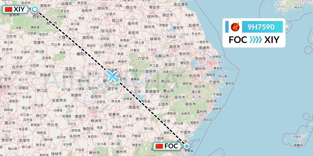 9H7590 Air Changan Flight Map: Fuzhou to Xi'an