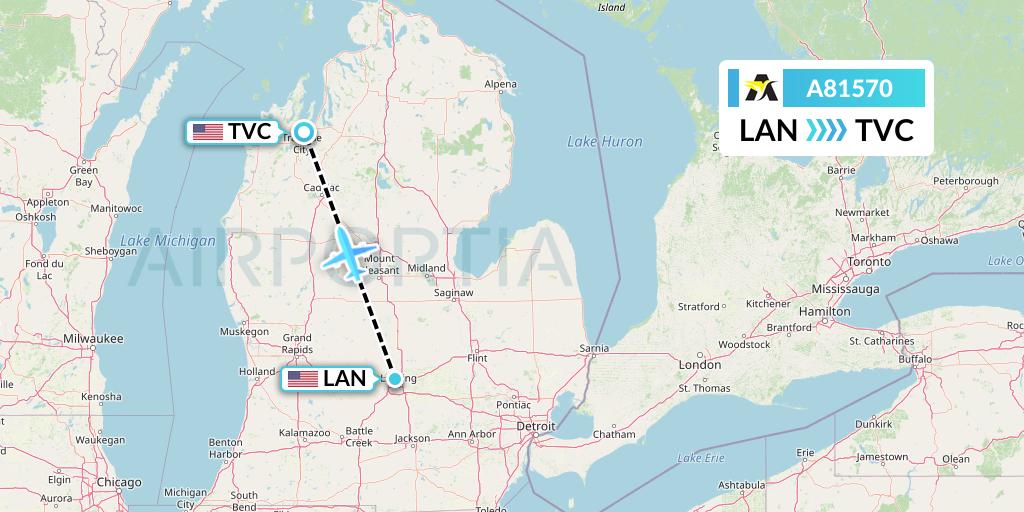 A81570 Aerolink Uganda Flight Map: Lansing to Traverse City