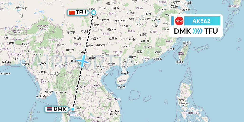AK562 AirAsia Flight Map: Bangkok to Chengdu