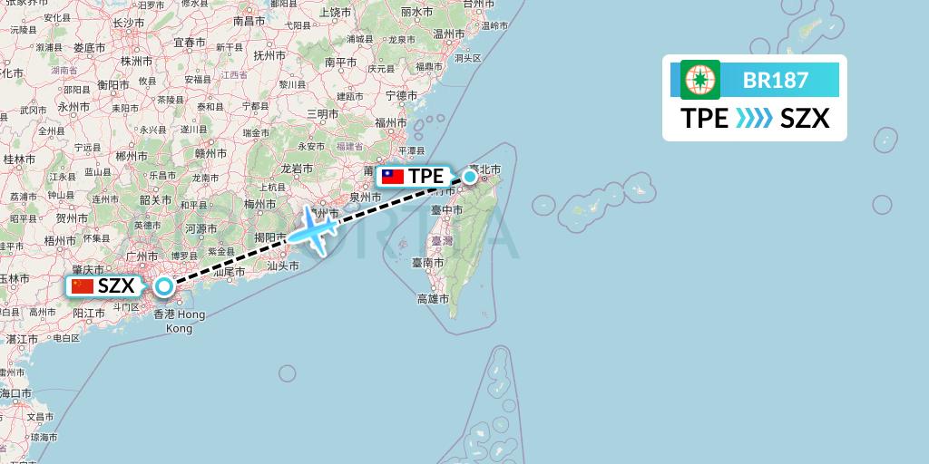BR187 EVA Air Flight Map: Taipei to Shenzhen