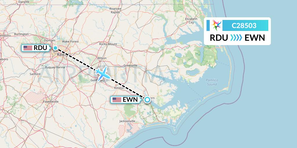 C28503 Ceiba Intercontinental Flight Map: Raleigh-Durham to New Bern