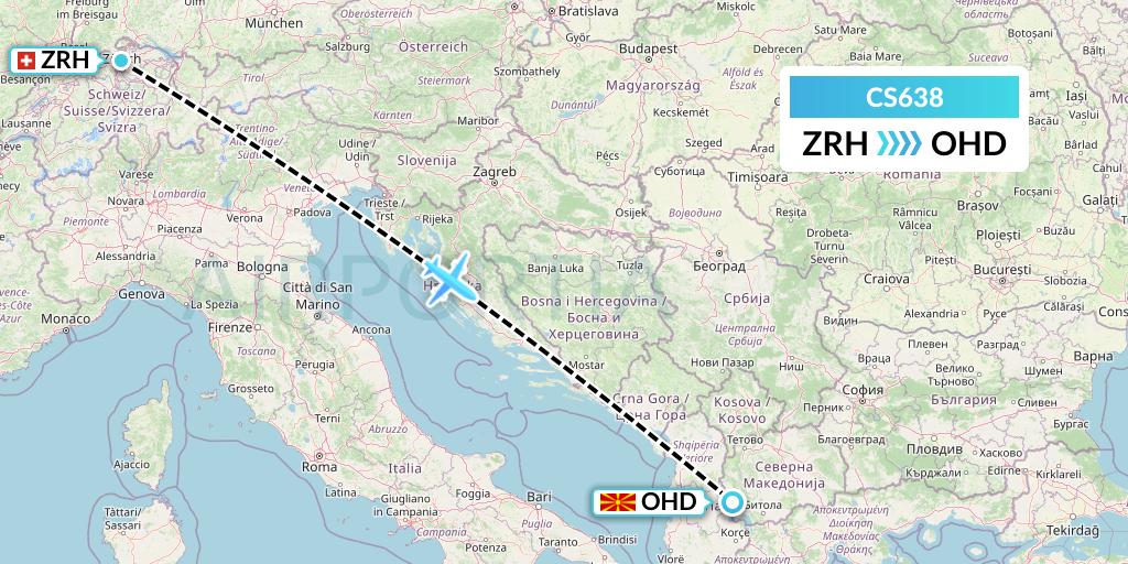 CS638 Continental Micronesia Flight Map: Zurich to Ohrid