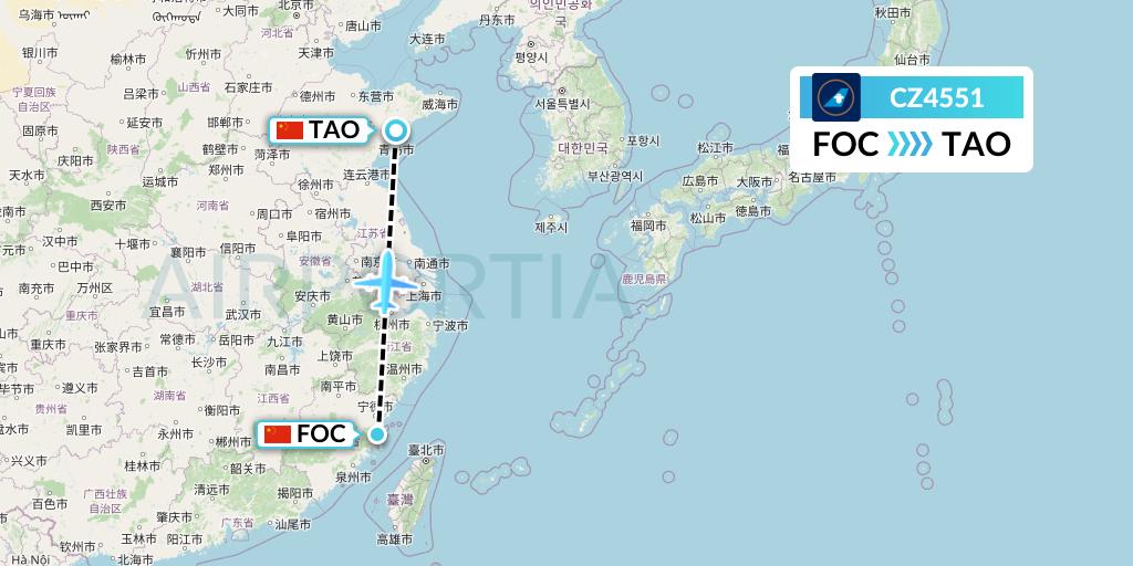 CZ4551 China Southern Airlines Flight Map: Fuzhou to Qingdao