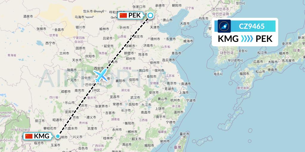 CZ9465 China Southern Airlines Flight Map: Kunming to Beijing