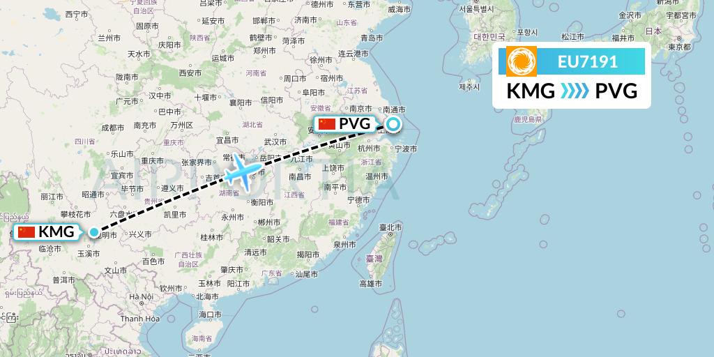 EU7191 Chengdu Airlines Flight Map: Kunming to Shanghai