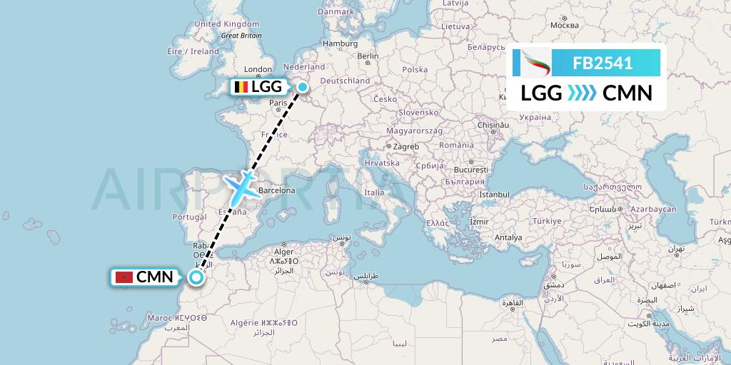 FB2541 Bulgaria Air Flight Map: Liege to Casablanca
