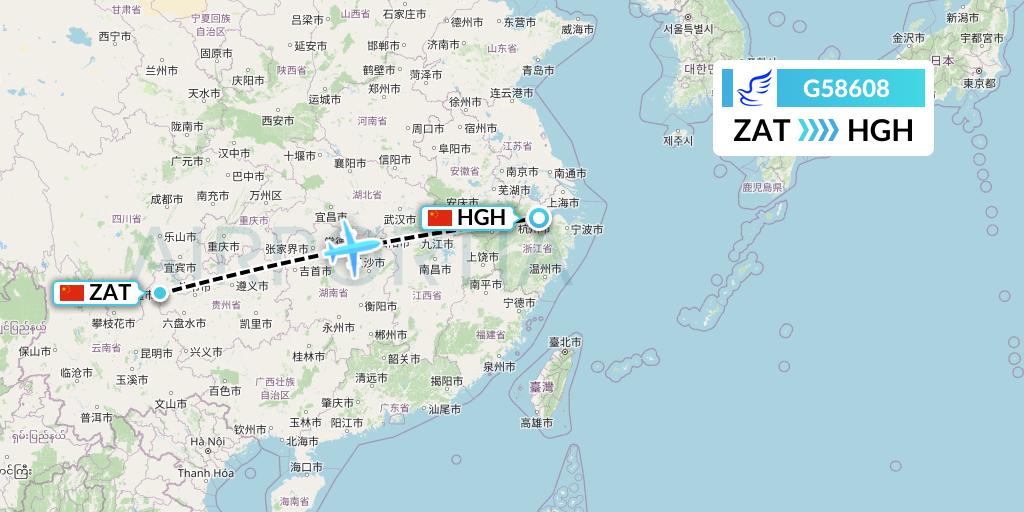 G58608 China Express Airlines Flight Map: Zhaotong to Hangzhou
