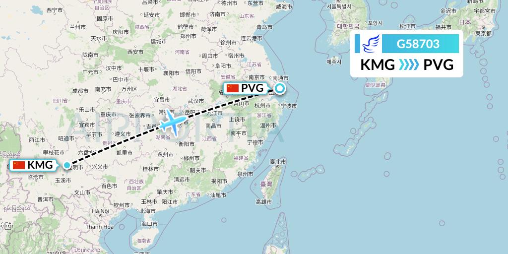 G58703 China Express Airlines Flight Map: Kunming to Shanghai