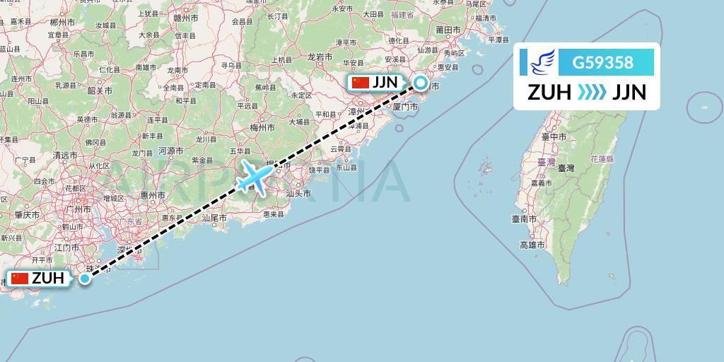G59358 China Express Airlines Flight Map: Zhuhai to Jinjiang