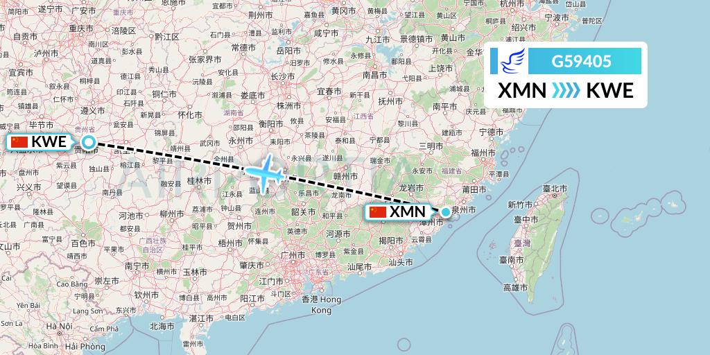 G59405 China Express Airlines Flight Map: Xiamen to Guiyang