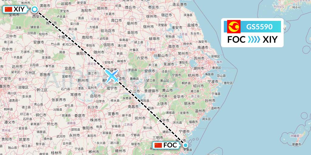 GS5590 Tianjin Airlines Flight Map: Fuzhou to Xi'an