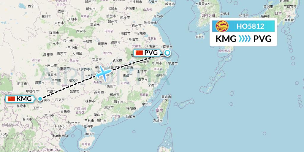 HO5812 Juneyao Airlines Flight Map: Kunming to Shanghai