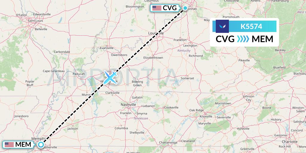 K5574 SeaPort Airlines Flight Map: Cincinnati to Memphis