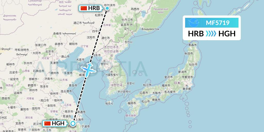 MF5719 Xiamen Airlines Flight Map: Harbin to Hangzhou