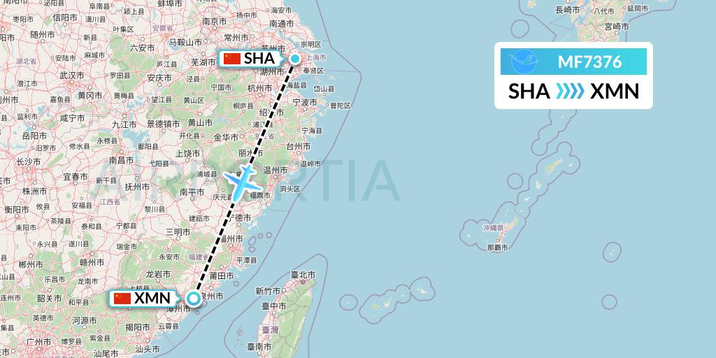 MF7376 Xiamen Airlines Flight Map: Shanghai to Xiamen