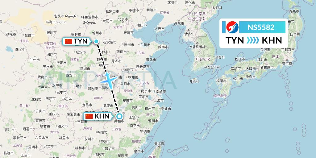 NS5582 Hebei Airlines Flight Map: Taiyuan to Nanchang