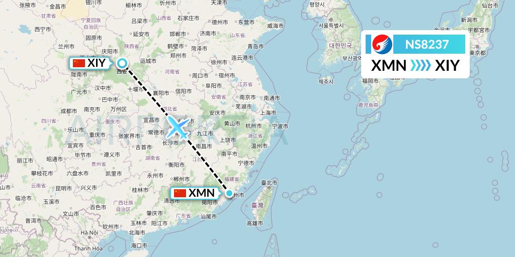 NS8237 Hebei Airlines Flight Map: Xiamen to Xi'an
