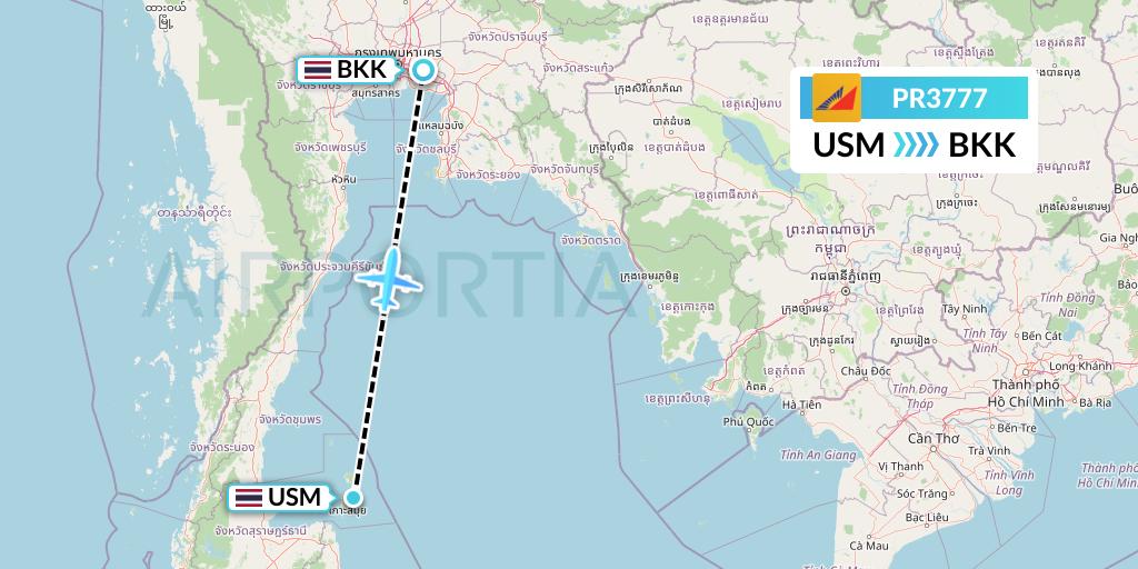 PR3777 Philippine Airlines Flight Map: Koh Samui to Bangkok