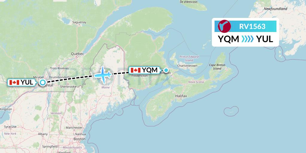 RV1563 Air Canada Rouge Flight Map: Moncton to Montreal
