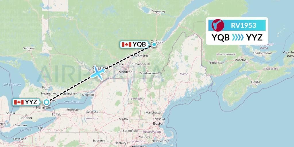 RV1953 Air Canada Rouge Flight Map: Quebec to Toronto