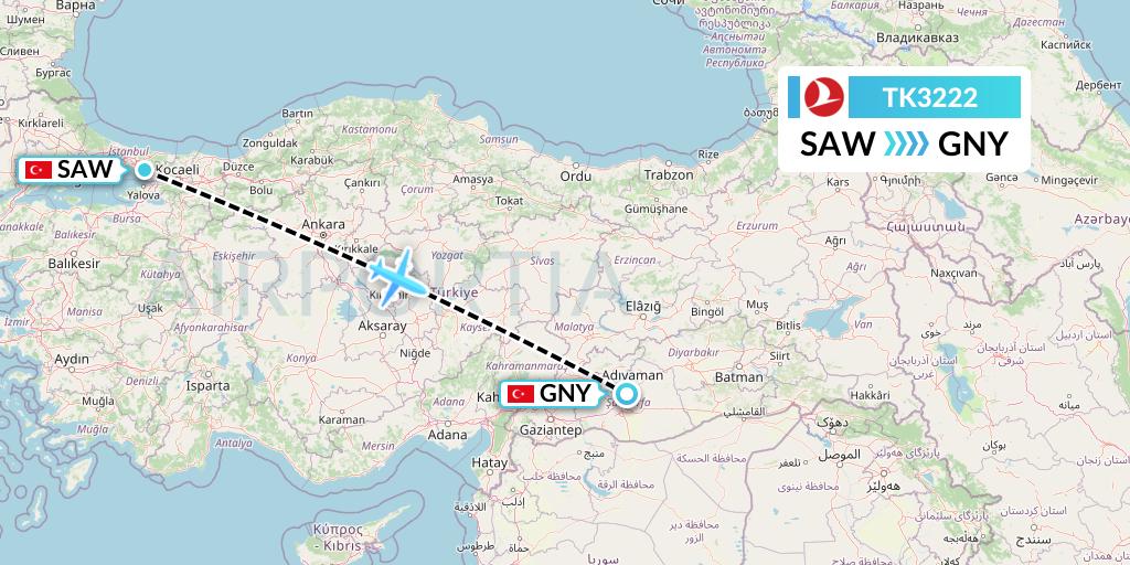 TK3222 Turkish Airlines Flight Map: Istanbul to Sanliurfa