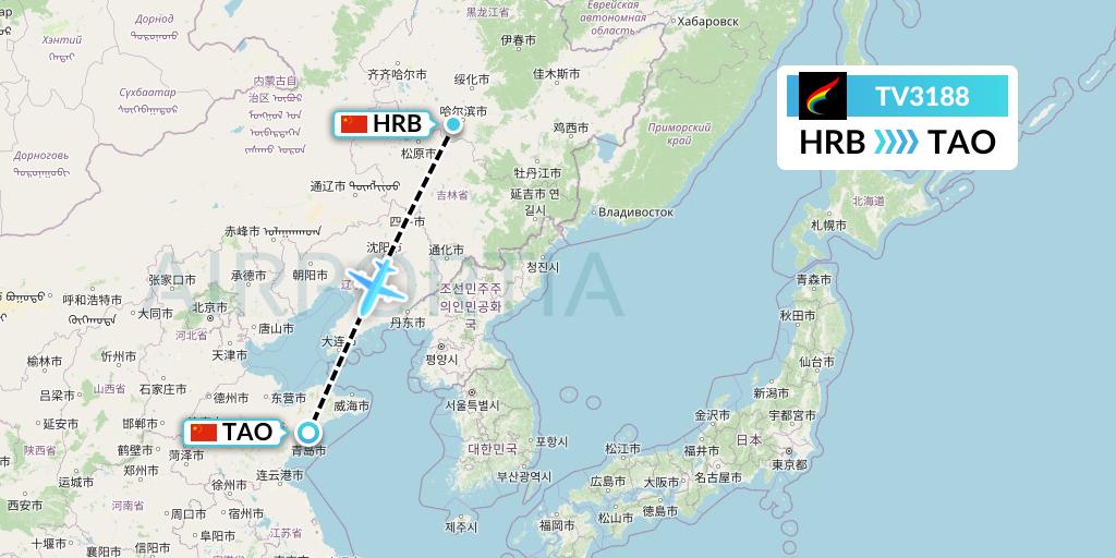 TV3188 Tibet Airlines Flight Map: Harbin to Qingdao