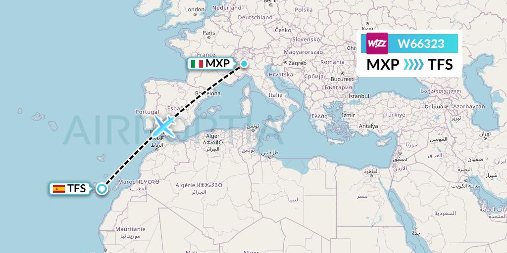 W66323 Wizz Air Flight Map: Milan to Tenerife