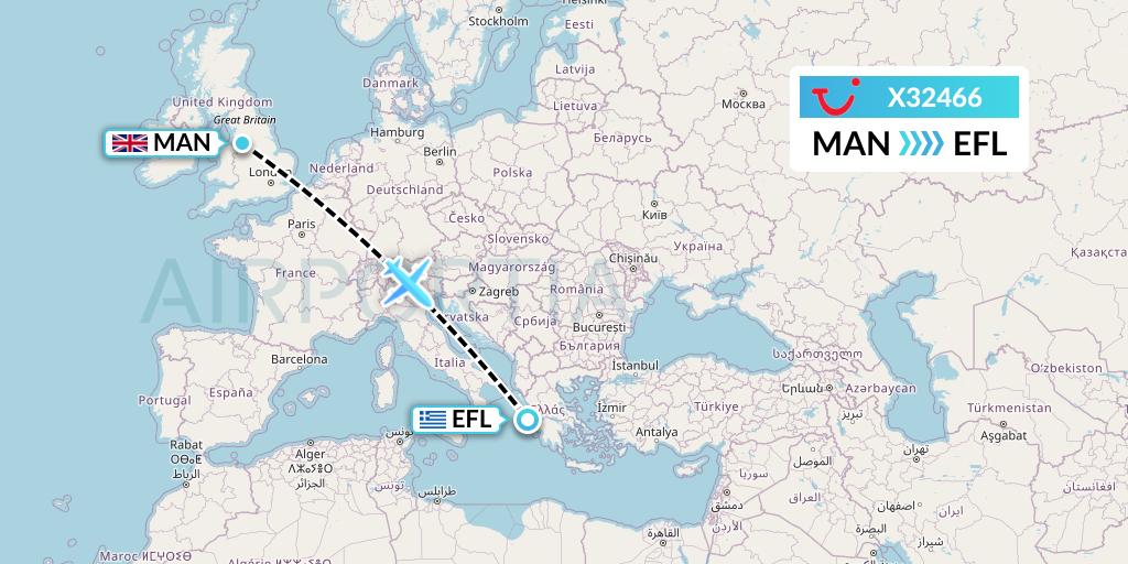 X32466 TUI fly Germany Flight Map: Manchester to Kefalonia