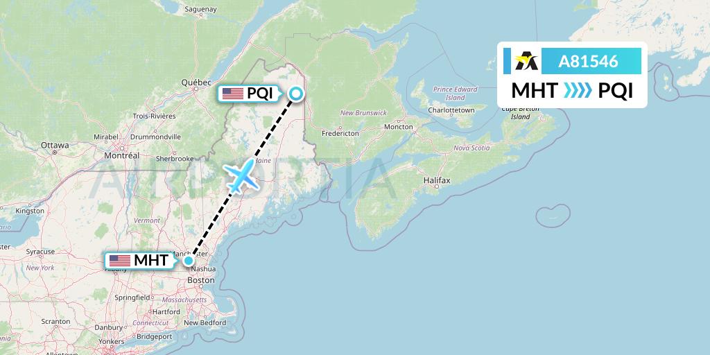 A81546 Aerolink Uganda Flight Map: Manchester to Presque Isle