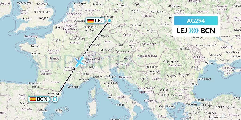 AG294 Aruba Airlines Flight Map: Leipzig to Barcelona