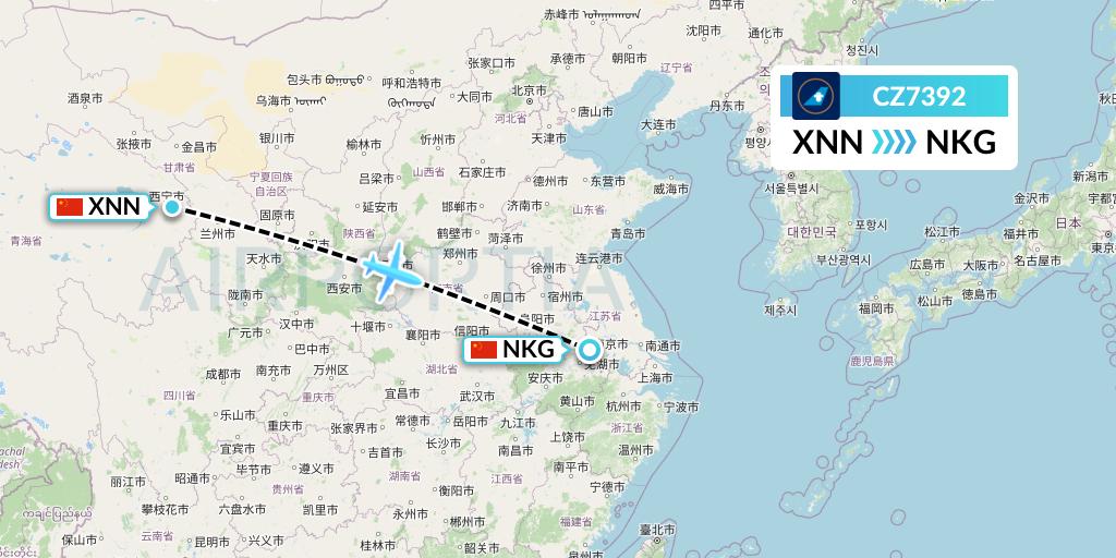 CZ7392 China Southern Airlines Flight Map: Xining to Nanjing