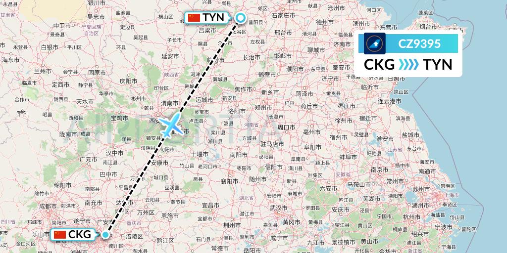 CZ9395 China Southern Airlines Flight Map: Chongqing to Taiyuan