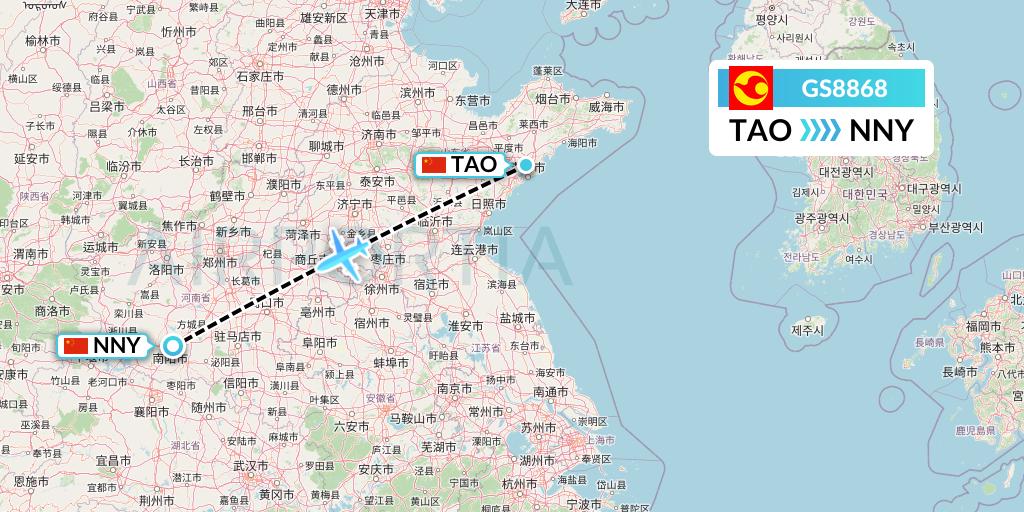 GS8868 Tianjin Airlines Flight Map: Qingdao to Nanyang