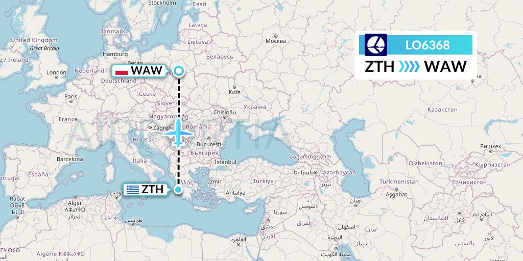 LO6368 LOT Flight Map: Zakynthos to Warsaw