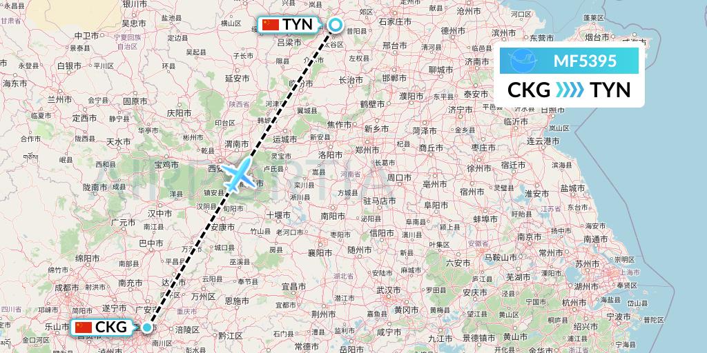 MF5395 Xiamen Airlines Flight Map: Chongqing to Taiyuan