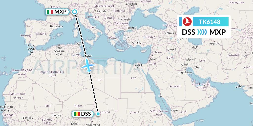 TK6148 Turkish Airlines Flight Map: Dakar to Milan