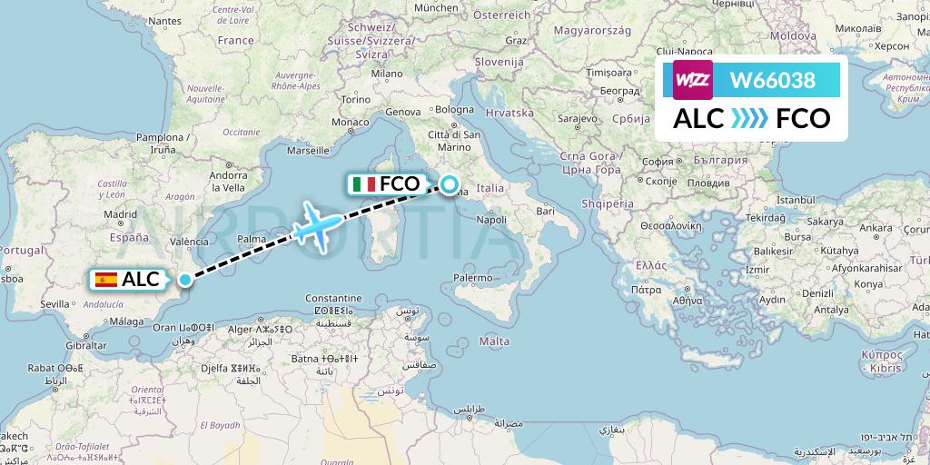 W66038 Wizz Air Flight Map: Alicante to Rome