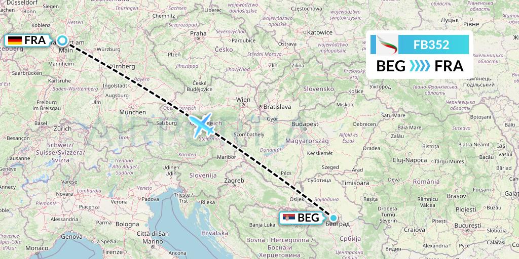 FB352 Bulgaria Air Flight Map: Belgrade to Frankfurt