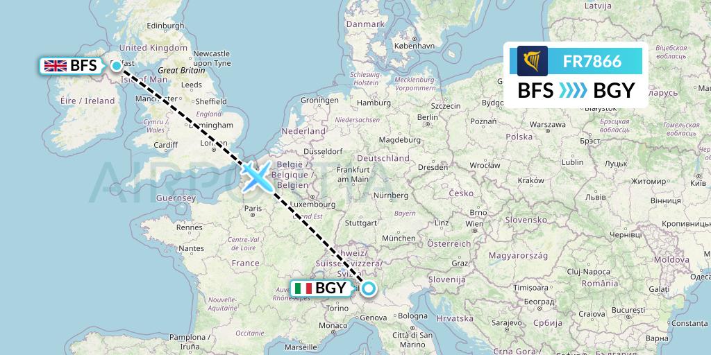 FR7866 Ryanair Flight Map: Belfast to Milan