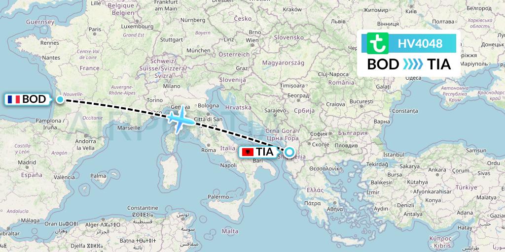 HV4048 Transavia Flight Map: Bordeaux to Tirana