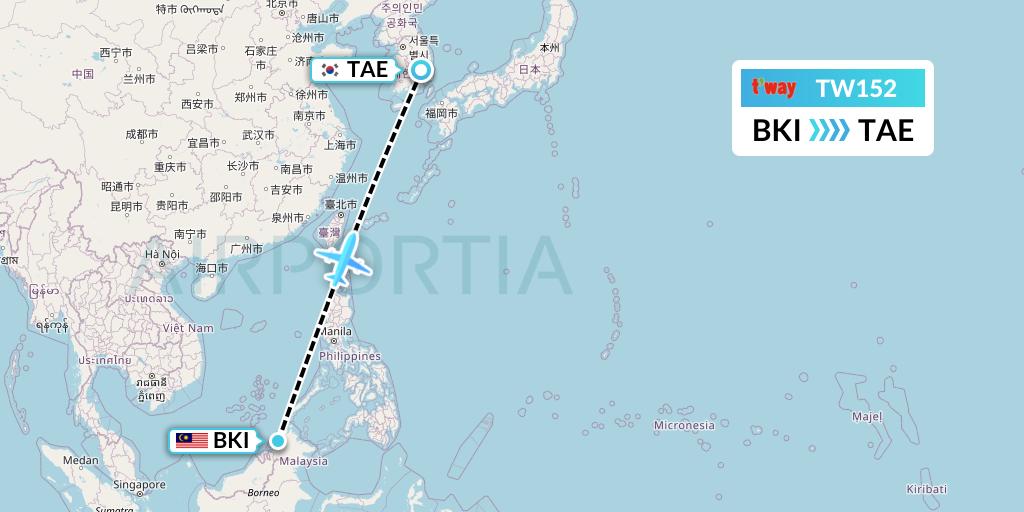 TW152 T'way Air Flight Map: Kota Kinabalu to Daegu
